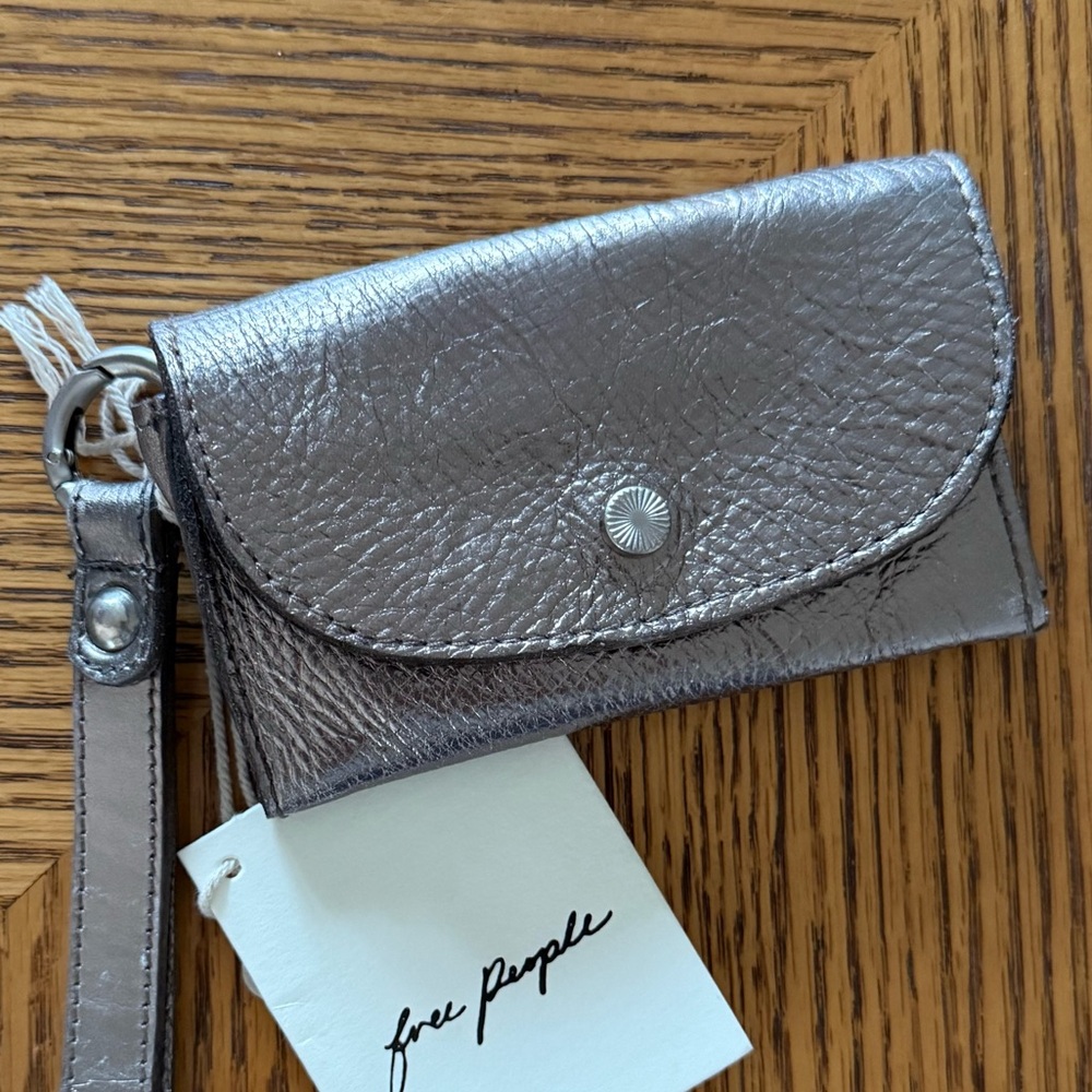 FREE PEOPLE Leather Bag Lanyard Card Holder - Silver